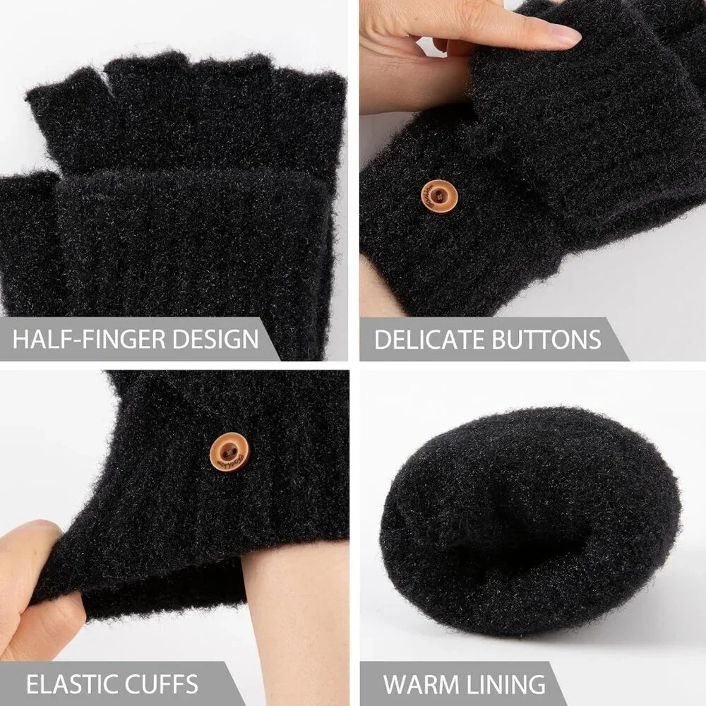 Women's Winter Warm Mittens Knitted Black Gloves Fingerless Button Closure